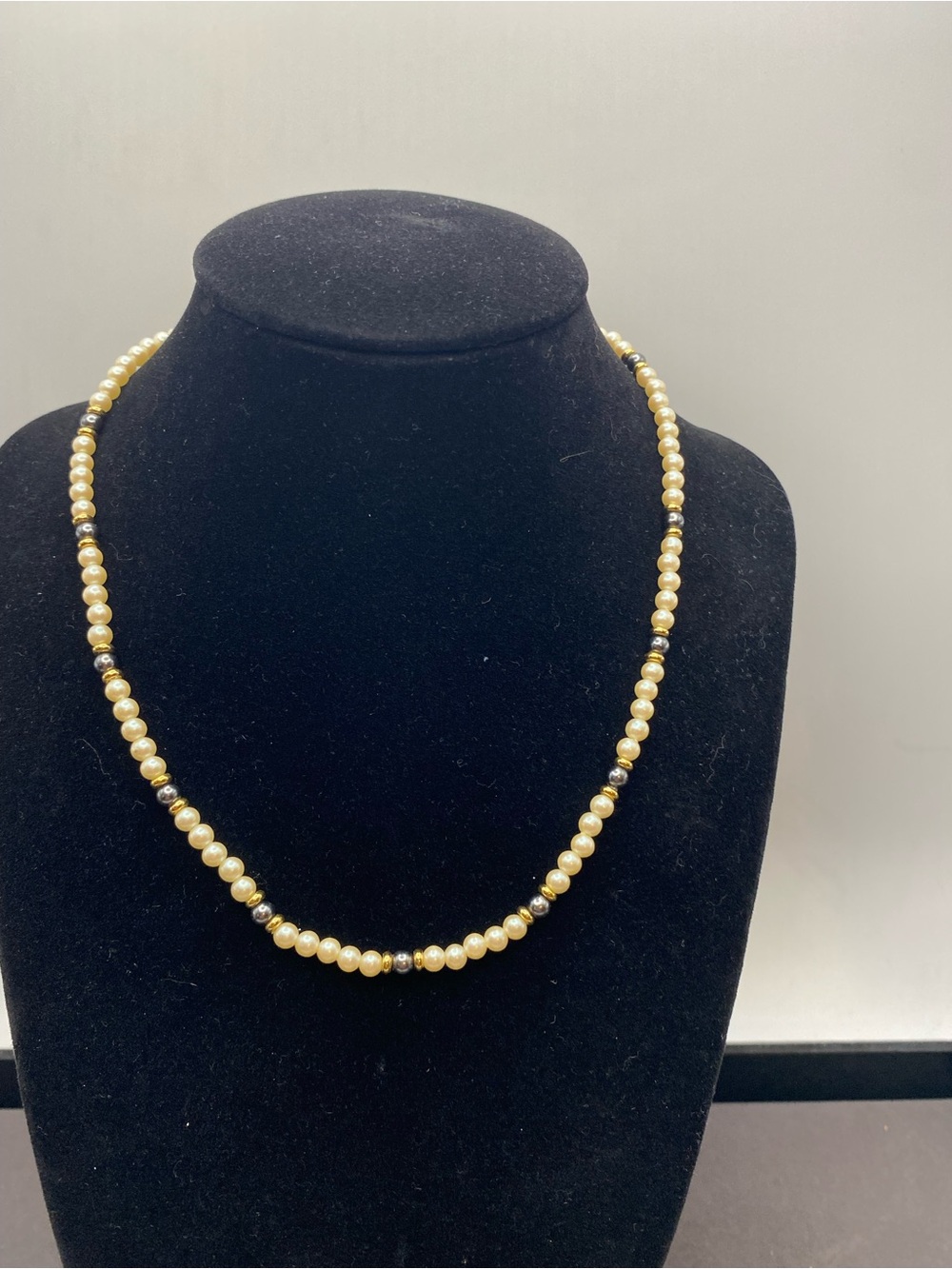 Monet Dainty Faux Gold Pearl Strand Necklace with Hematite Accent Beads